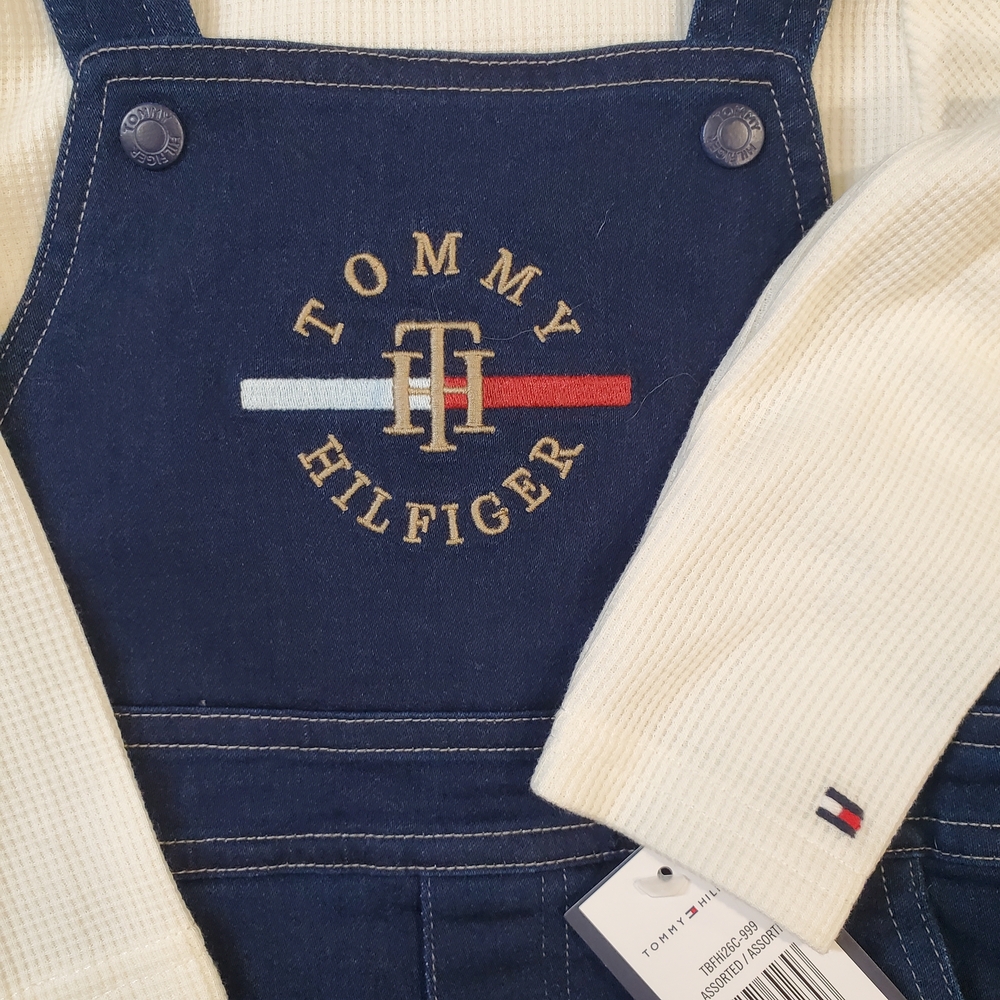 Tommy Hilfiger Denim Carpenter Bib Overalls Baby 12M Long Sleeve Thermal Tee - Picture 3 of 11